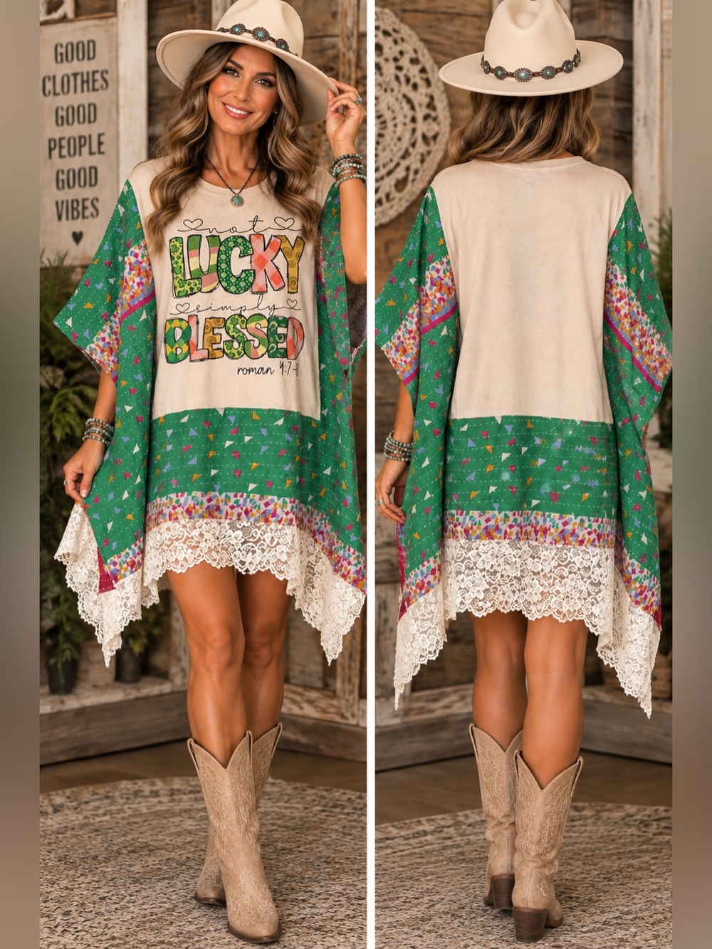 Upcycled Lace-Hem Tunic Top with 'Lucky Blessed' Graphic